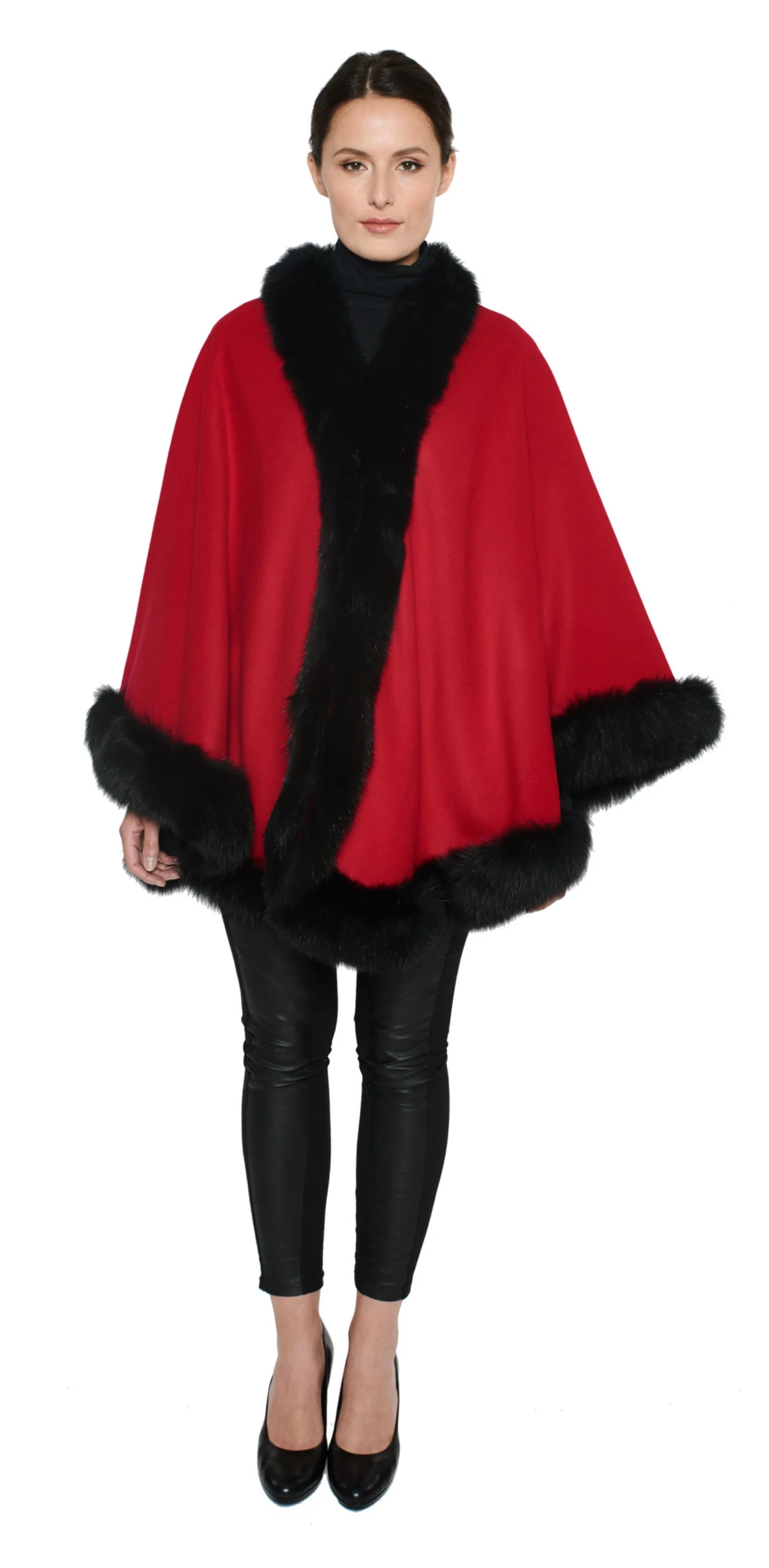 Winter Poncho Hooded Shawl Warp Women Faux Fur Trim Cape